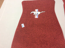 Load image into Gallery viewer, 1966-1973 Mustang Maroon Carpeted Pony Floor mats with Pony & Bars Logo on Front Mats Rear Mats Plain Set of 4. These are dark red/maroon which was original color for 1966-1973.