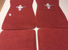 Load image into Gallery viewer, 1966-1973 Mustang Maroon Carpeted Pony Floor mats with Pony & Bars Logo on Front Mats Rear Mats Plain Set of 4. These are dark red/maroon which was original color for 1966-1973.