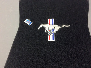 1965-73 Mustang Black  Carpeted Pony Logo Classic Loop Style 4 piece set Logo on Front Mats, Rear Mats Plain 4 Piece Set