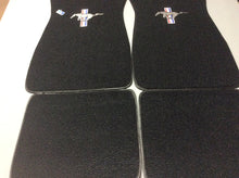 Load image into Gallery viewer, 1965-73 Mustang Black  Carpeted Pony Logo Classic Loop Style 4 piece set Logo on Front Mats, Rear Mats Plain 4 Piece Set
