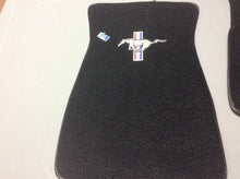 Load image into Gallery viewer, 1965-73 Mustang Black  Carpeted Pony Logo Classic Loop Style 4 piece set Logo on Front Mats, Rear Mats Plain 4 Piece Set
