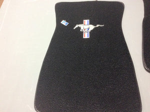 1965-73 Mustang Black  Carpeted Pony Logo Classic Loop Style 4 piece set Logo on Front Mats, Rear Mats Plain 4 Piece Set