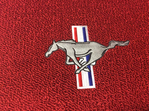 1965-1973 Mustang Red Carpeted Pony Logo Floormats with Pony Logo on Front Mats and Plain Rear Mats set of 4. These are Bright Red Original Color for 1965
