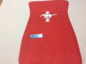 1965-1973 Mustang Red Carpeted Pony Logo Floormats with Pony Logo on Front Mats and Plain Rear Mats set of 4. These are Bright Red Original Color for 1965
