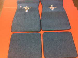 1965-73 Mustang Ford Blue Carpeted Floor Mats with Pony & Bars Logo on Front Mat and Plain Rear Mats 4 piece Set. Original Color used for 1965 Cars